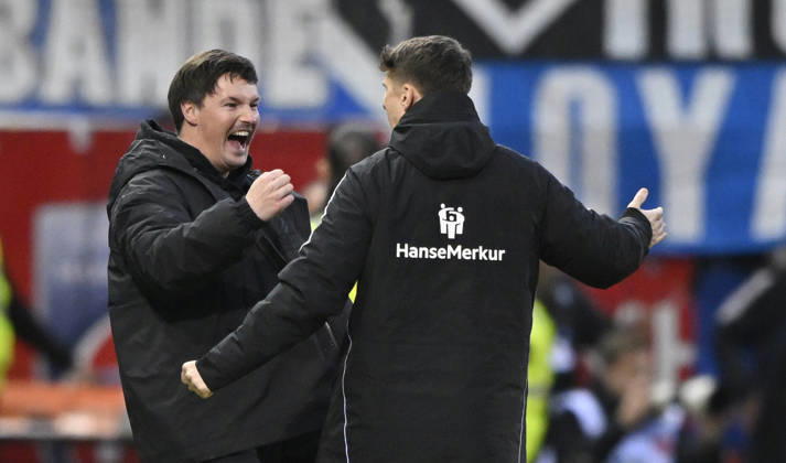 Coach Merlin Polzin Hamburger SV HSV on the sidelines Gesture Gesture Final cheer, joy, happiness, jubilation with co-coach Coach Loic Fave Hamburger SV HSV 1 FC Heidenheim 1846 FCH vs Hamburger SV HSV 07 02 2026 DFL REGULATIONS PROHIBIT ANY USE OF PHOTOGRAPHS AS IMAGE SEQUENCES AND OR QUASI VIDEO 1 FC Heidenheim 1846 FCH vs Hamburger SV HSV