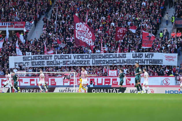 Banner of the fans and Ultras in the stands, banners, video surveillance and AI , Germany, Football, 1 Bundesliga, 21 Matchday, 2025 2026, SC Freiburg vs SV Werder Bremen, 07 02 2026, Europa Park Stadion, Freiburg, Germany DFL REGULATIONS PROHIBIT ANY USE OF PHOTOGRAPHS AS IMAGE SEQUENCES AND OR QUASI VIDEO Freiburg Europa Park Stadion Baden Württemberg Germany Copyright: xArnexAmbergx