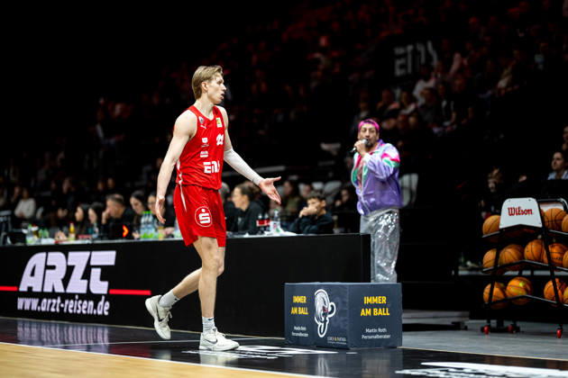 08 02 2026 Basketball Season 2025 2026 2 Bundesliga Pro A 22 Matchday Nuremberg Falcons Basketball Club NBC Bozic Estriche Knights Kirchheim ThHa xthxhax Trevor Baskin 22, Nuremberg Falcons BC NBC gets excited