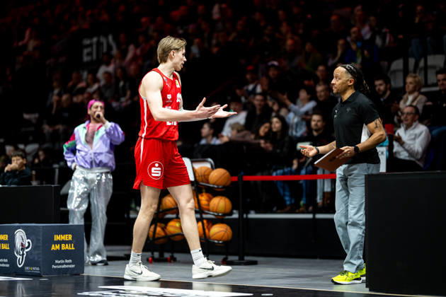 08 02 2026 Basketball Season 2025 2026 2 Bundesliga Pro A 22 Matchday Nuremberg Falcons Basketball Club NBC Bozic Estriche Knights Kirchheim ThHa xthxhax Trevor Baskin 22, Nuremberg Falcons BC NBC gets excited