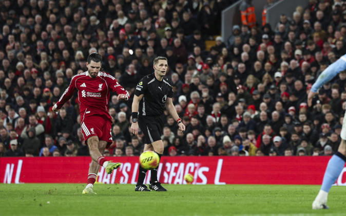 Liverpool v Manchester City, FA Premier League 08.02.26 Liverpool v Manchester City, FA Premier League Bradley Ormesher The Times Dominik Szoboszlai of Liverpool scores and celebrates scoring his teams opening goal 1-0 Copyright: xBradleyxOrmesherx NINTCHDBPICT001057464167