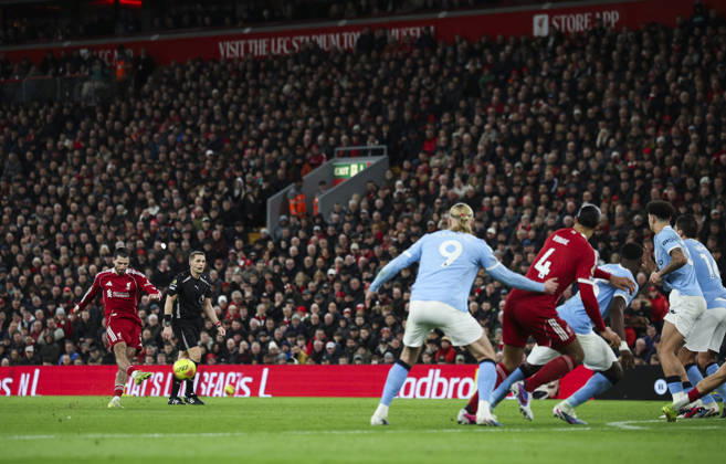Liverpool v Manchester City, FA Premier League 08.02.26 Liverpool v Manchester City, FA Premier League Bradley Ormesher The Times Dominik Szoboszlai of Liverpool scores and celebrates scoring his teams opening goal 1-0 Copyright: xBradleyxOrmesherx NINTCHDBPICT001057464199