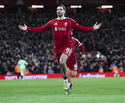 Liverpool v Manchester City, FA Premier League 08.02.26 Liverpool v Manchester City, FA Premier League Bradley Ormesher The Times Dominik Szoboszlai of Liverpool scores and celebrates scoring his teams opening goal 1-0 Copyright: xBradleyxOrmesherx NINTCHDBPICT001057464344