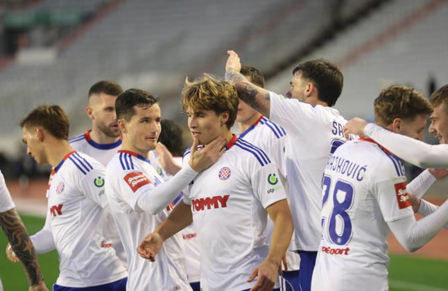 SuperSport HNL, round 18: HNK Hajduk Split v NK Slaven Belupo Players of HNK Hajduk Split celebrate after Rokas Pukstas of HNK Hajduk Split scores for 1:0 during the SuperSport HNL 2025. 2026. round 21 match between HNK Hajduk Split and NK Slaven Belupo at Poljud Stadium in Split, Croatia on February 7, 2026.  IvoxCagalj PIXSELL