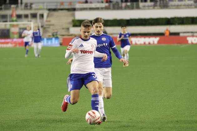 SuperSport HNL, round 18: HNK Hajduk Split v NK Slaven Belupo Simun Hrgovic of HNK Hajduk Split and Filip Kruselj of NK Slaven Belupo during the SuperSport HNL 2025. 2026. round 21 match between HNK Hajduk Split and NK Slaven Belupo at Poljud Stadium in Split, Croatia on February 7, 2026.  IvoxCagalj PIXSELL