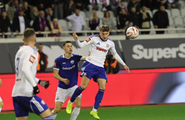 SuperSport HNL, round 18: HNK Hajduk Split v NK Slaven Belupo Antonio Jakir of NK Slaven Belupo and Roko Brajkovic of HNK Hajduk Split during the SuperSport HNL 2025. 2026. round 21 match between HNK Hajduk Split and NK Slaven Belupo at Poljud Stadium in Split, Croatia on February 7, 2026.  IvoxCagalj PIXSELL