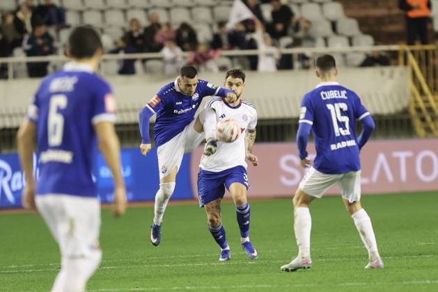 SuperSport HNL, round 18: HNK Hajduk Split v NK Slaven Belupo Ilija Nestorovski of NK Slaven Belupo and Zvonimir Sarlija of HNK Hajduk Split during the SuperSport HNL 2025. 2026. round 21 match between HNK Hajduk Split and NK Slaven Belupo at Poljud Stadium in Split, Croatia on February 7, 2026.  IvoxCagalj PIXSELL