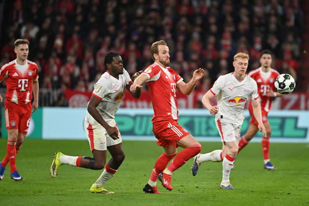 Harry KANE Bayern Muenchen , action,duel against Junior Casstello LUKEBA L Football DFB Cup , quarter-final FC Bayern Muenchen RB Leipzig 2 0 on 11 02 2026 Season 2025 2026 A L L I A N Z A R E N A