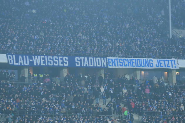 Banner of the fans and Ultras in the stands, banner, stadium decision, soccer, quarter-final, DFB Cup, 2025 26, Hertha BSC vs SC Freiburg, 10 02 2026, Olympiastadion Berlin, Berlin, Germany DFB REGULATIONS PROHIBIT ANY USE OF PHOTOGRAPHS AS IMAGE SEQUENCES AND OR QUASI VIDEO Berlin Olympiastadion Berlin Berlin Germany Copyright: xArnexAmbergx