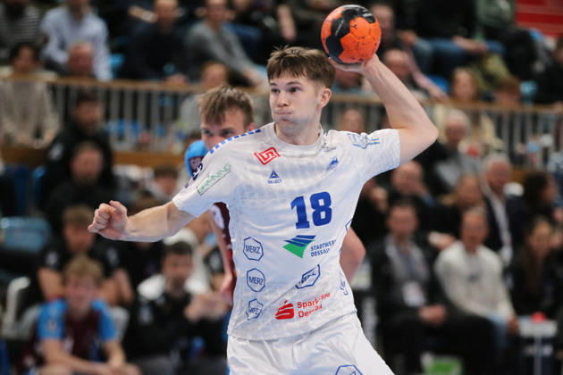 13 02 2026 Handball Men 2025 2026 2 Handball Bundesliga 19 Matchday 1 VfL Potsdam Dessau Roßlauer HV 06 MBS Arena Potsdam David Misovych Dessau, 18, white on the ball Potsdam Brandenburg Germany