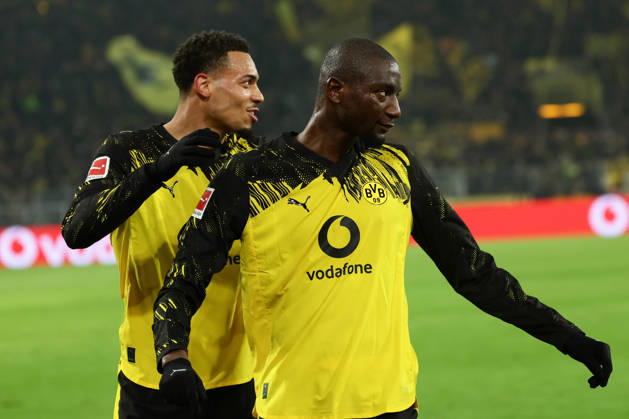 Dortmund, Germany, 13 02 26, Felix Nmecha Borussia Dortmund and goal scorer Serhou Guirassy Borussia Dortmund celebrates after his goal to make it 3 0 during the Bundesliga 1 match between Borussia Dortmund 1 FSV Mainz 05 at Signal Iduna Park in Dortmund Photo by Joachim Bywaletz DFB DFL REGULATIONS PROHIBIT ANY USE OF PHOTOGRAPHS AS IMAGE SEQUENCES AND OR QUASI VIDEO Copyright: JoachimxBywaletz xJB-Sportfoto