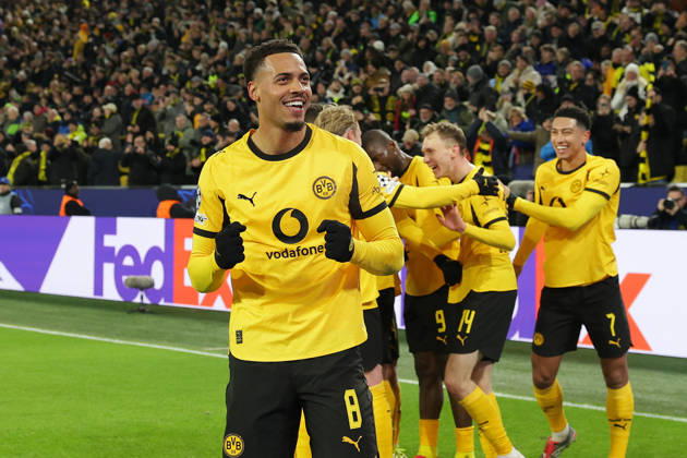 Dortmund, Germany, 17 02 26, Felix Nmecha Borussia Dortmund celebrates the 2 0 by Maximilian Beier Borussia Dortmund during the Champions League playoff match between Borussia Dortmund Atalanta Bergamo at Signal Iduna Park in Dortmund Photo by Joachim Bywaletz DFB DFL REGULATIONS PROHIBIT ANY USE OF PHOTOGRAPHS AS IMAGE SEQUENCES AND OR QUASI VIDEO Copyright: JoachimxBywaletz xJB-Sportfoto