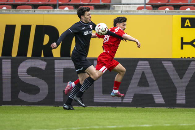 Regionalliga Nordost Season 25 26 Hallescher FC vs Greifswalder FC Halle, Germany February 21, 2026 Pictured from left Jannis Farr Greifswald and Joscha Wosz Halle Halle Saale Leuna Chemie Stadion Sachsen Anhalt Germany