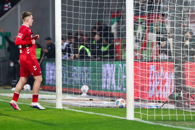 Team FC Augsburg Goal for 2 0 at the match between FC Augsburg v 1 FC Köln, Football, Men, Bundesliga, 2025 2026, 24 Matchday on 27 02 2026 in Augsburg, WWK ARENA DFL and DFB regulations prohibit any use of photographs as image sequences and or quasi video Bayern Germany