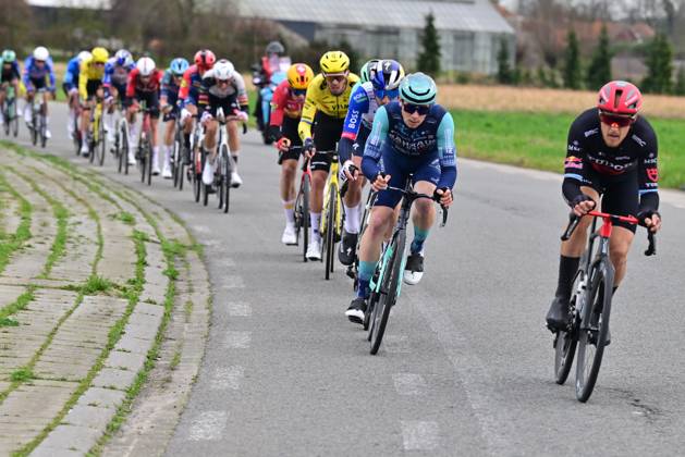 Italy s Matteo Trentin of Tudor Pro Cycling Team (R) pictured in action during the 78th edition of the men elite race of the Kuurne-Brussels-Kuurne one day cycling race, 195 km from Kuurne to Kuurne via Brussels, Sunday 01 March 2026. DIRKxWAEM  x166101234x