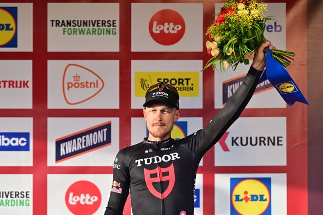 Italy s Matteo Trentin of Tudor Pro Cycling Team celebrates his third place on the podium of the 78th edition of the men elite race of the Kuurne-Brussels-Kuurne one day cycling race, 195 km from Kuurne to Kuurne via Brussels, Sunday 01 March 2026. DIRKxWAEM  x166108520x