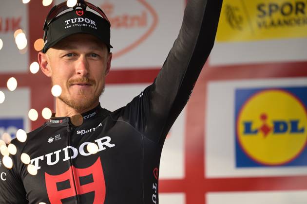Italy s Matteo Trentin of Tudor Pro Cycling Team celebrates his third place on the podium of the 78th edition of the men elite race of the Kuurne-Brussels-Kuurne one day cycling race, 195 km from Kuurne to Kuurne via Brussels, Sunday 01 March 2026. DAVIDxPINTENS  x166108764x