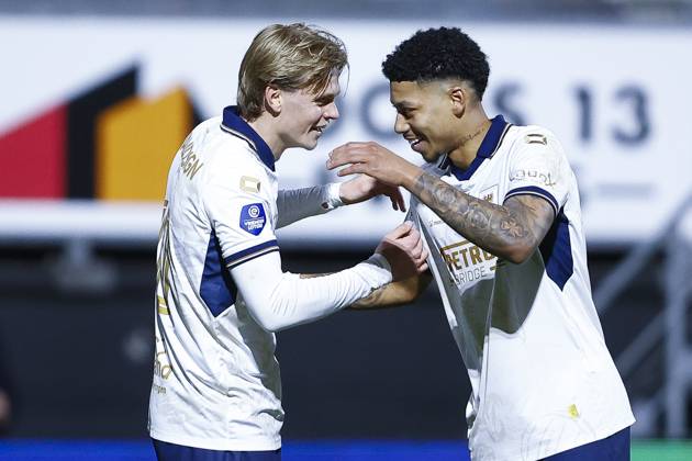 ROTTERDAM , 01-03-2026 , Stadium Woudestein , season 2025 2026 , Dutch Eredivisie football . match between Excelsior Rotterdam and Go Ahead Eagles, final result 0-1, Picture shows goal celebration GA Eagles player Soren Tengstedt after scoring 0-1 with GA Eagles player Richonell Margaret Excelsior - Go Ahead Eagles x202024875x Copyright: