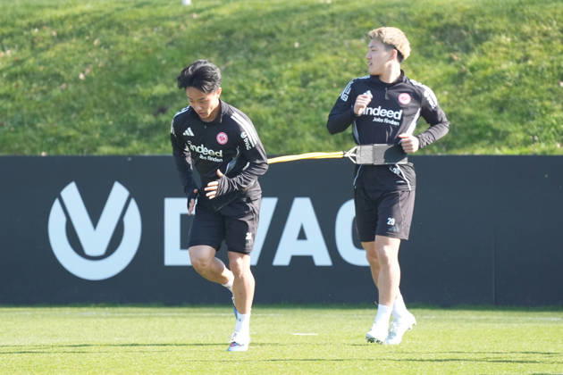 Keita Kosugi Eintracht Frankfurt and Ritsu Doan Eintracht Frankfurt Frankfurt 04 03 2026 Eintracht Frankfurt training, Deutsche Bank Park, 24 matchday Bundesliga