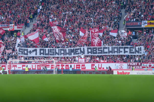 Banner of the fans and Ultras in the stands, Banner, 50 1 abolish exceptions , Germany, Football, 1 Bundesliga, 25 Matchday, 2025 2026, SC Freiburg vs Bayer 04 Leverkusen, 07 03 2026, Europa Park Stadion, Freiburg, Germany DFL REGULATIONS PROHIBIT ANY USE OF PHOTOGRAPHS AS IMAGE SEQUENCES AND OR QUASI VIDEO Freiburg Europa Park Stadion Baden Württemberg Germany Copyright: xArnexAmbergx