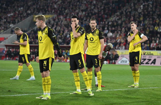 Nico Schlotterbeck Borussia Dortmund , Waldemar Anton Borussia Dortmund , Ramy Bensebaini Borussia Dortmund , Daniel Svensson Borussia Dortmund , Julian Ryerson Borussia Dortmund , v re 07 03 2026, Football 1 Bundesliga, Season 2025 2026, 25 Matchday, 1 FC Köln Borussia Dortmund 1 2 DFL regulations prohibit any use of photographs as image sequences and or quasi video Koeln RheinEnergieStadion Nordrhein Westfalen Germany Team2