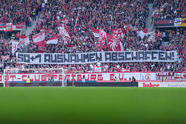Banner of the fans and Ultras in the stands, Banner, 50 1 abolish exceptions , Germany, Football, 1 Bundesliga, 25 Matchday, 2025 2026, SC Freiburg vs Bayer 04 Leverkusen, 07 03 2026, Europa Park Stadion, Freiburg, Germany DFL REGULATIONS PROHIBIT ANY USE OF PHOTOGRAPHS AS IMAGE SEQUENCES AND OR QUASI VIDEO Freiburg Europa Park Stadion Baden Württemberg Germany Copyright: xArnexAmbergx