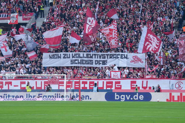 Banner of the fans and Ultras in the stands, banner, No to collective punishment Scheiss DFB , Germany, Football, 1 Bundesliga, 25 Matchday, 2025 2026, SC Freiburg vs Bayer 04 Leverkusen, 07 03 2026, Europa Park Stadion, Freiburg, Germany DFL REGULATIONS PROHIBIT ANY USE OF PHOTOGRAPHS AS IMAGE SEQUENCES AND OR QUASI VIDEO Freiburg Europa Park Stadion Baden Württemberg Germany Copyright: xArnexAmbergx