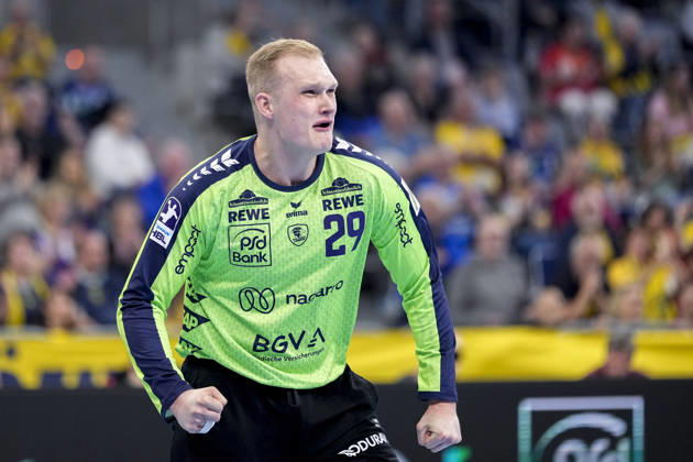 David Späth goalkeeper, RNL, 29 , Rhein Neckar Löwen player, single picture, single photo, action, cheer, cheers, cheers, celebration, joy, rejoice, rejoicing, confident, optimistic, positive, game scene, 08 03 2026, Mannheim Germany , Handball, Bundesliga, Rhein Neckar Löwen Bergischer HC xozx