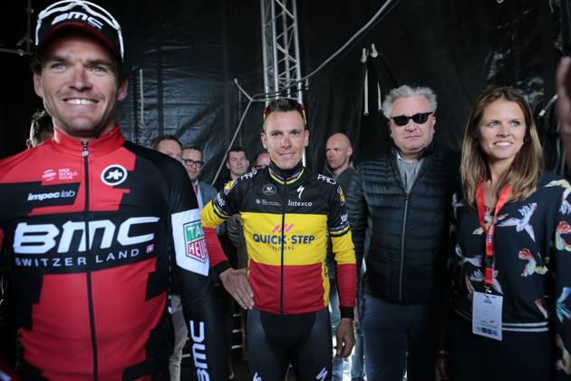 Road cycling, Rad, Radsport, Strasse illustration pictures HARELBEKE, BELGIUM - MARCH 24 : GILBERT Philippe (BEL) Rider of Quick-Step Floors Cycling team, VAN AVERMAET Greg (BEL) Rider of BMC RACING TEAM with Prins Laurent of Belgium before the podium ceremony during the 60th Record Bank E3 Harelbeke UCI World Tour cycling race with start and finish in Harelbeke on March 24, 2017 in Harelbeke, Belgium, 24 03 17 Harelbeke Belgium Copyright: xJanxDexMeuleneirx