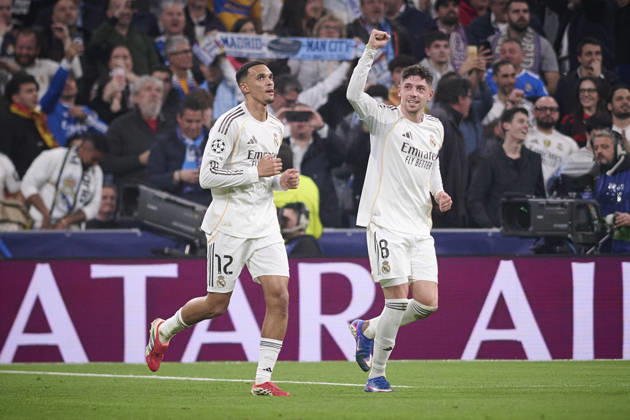 Real Madrid CF s Trent Alexander-Arnold (l) and Fede Valverde celebrate a goal during Champions League 2025 2026 match. March 11,2026. (20260311032)