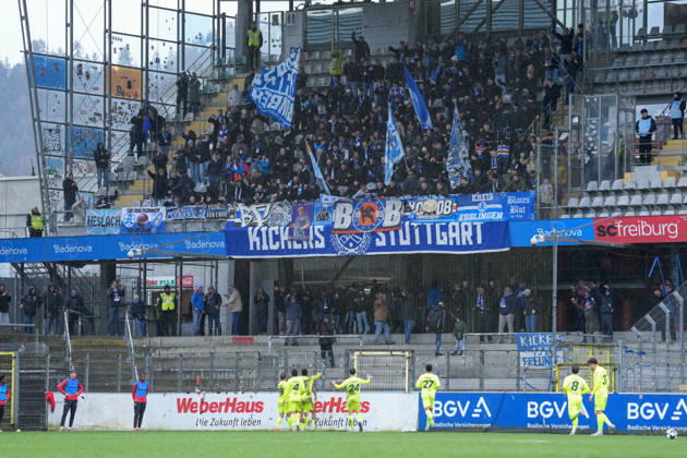 Goal celebration, Emotions, Goal shot, Conclusion, Goal success, Goal in front of the guest block, Fans, Ultras , Germany, Football, Regionalliga Südwest, 24 Matchday, 2025 2026, SC Freiburg II vs SV Stuttgarter Kickers, 14 03 2026, Dreisamstadion, Freiburg, Germany DFB REGULATIONS PROHIBIT ANY USE OF PHOTOGRAPHS AS IMAGE SEQUENCES AND OR QUASI VIDEO Freiburg Dreisamstadion Baden Wuerttemberg Germany Copyright: xArnexAmbergx