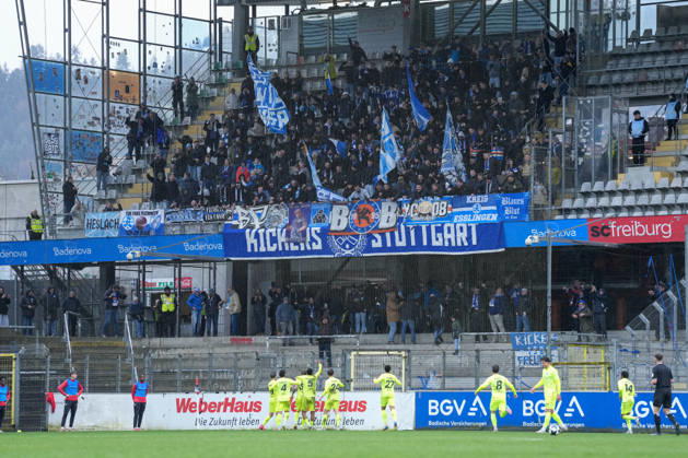 Goal celebration, Emotions, Goal shot, Conclusion, Goal success, Goal in front of the guest block, Fans, Ultras , Germany, Football, Regionalliga Südwest, 24 Matchday, 2025 2026, SC Freiburg II vs SV Stuttgarter Kickers, 14 03 2026, Dreisamstadion, Freiburg, Germany DFB REGULATIONS PROHIBIT ANY USE OF PHOTOGRAPHS AS IMAGE SEQUENCES AND OR QUASI VIDEO Freiburg Dreisamstadion Baden Wuerttemberg Germany Copyright: xArnexAmbergx