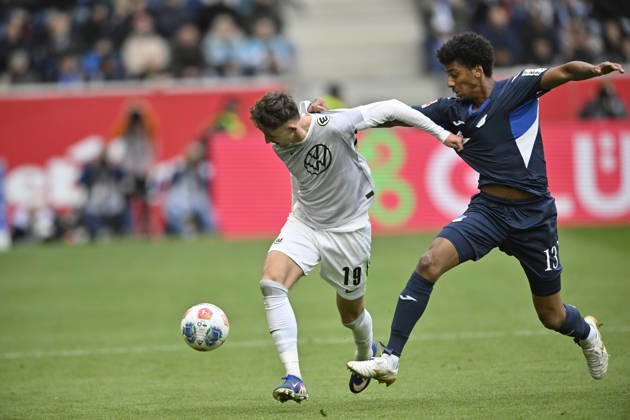 One-on-one, action Bernardo TSG 1899 Hoffenheim 13 vs Jesper Lindstrom Lindstroem VfL Wolfsburg 19 TSG 1899 Hoffenheim vs VfL Wolfsburg WOB 14 03 2026 DFL REGULATES PROHIBIT ANY USE OF PHOTOGRAPHS AS IMAGE SEQUENCES AND OR QUASI VIDEO TSG 1899 Hoffenheim vs VfL Wolfsburg WOB