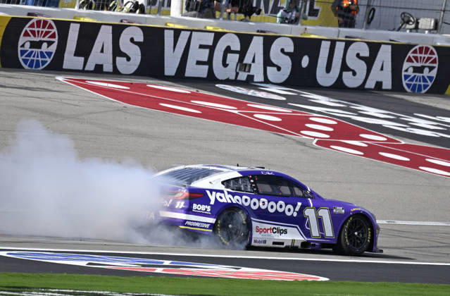 LAS VEGAS, NV - MARCH 15: Denny Hamlin ( 11 Joe Gibbs Racing Yahoo! Toyota) celebrates with a burnout down the front straight after winning the NASCAR, Motorsport, USA Cup Series Pennzoil 400 on March 15, 2026, at Las Vegas Motor Speedway in Las Vegas, NV. (Photo by Will Lester Icon Sportswire) AUTO: MAR 15 NASCAR Cup Series Pennzoil 400 EDITORIAL USE ONLY Icon24031515675