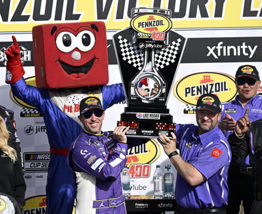 LAS VEGAS, NV - MARCH 15: Denny Hamlin ( 11 Joe Gibbs Racing Yahoo! Toyota) celebrates in victory lane after winning the NASCAR, Motorsport, USA Cup Series Pennzoil 400 on March 15, 2026, at Las Vegas Motor Speedway in Las Vegas, NV. (Photo by Will Lester Icon Sportswire) AUTO: MAR 15 NASCAR Cup Series Pennzoil 400 EDITORIAL USE ONLY Icon24031516010