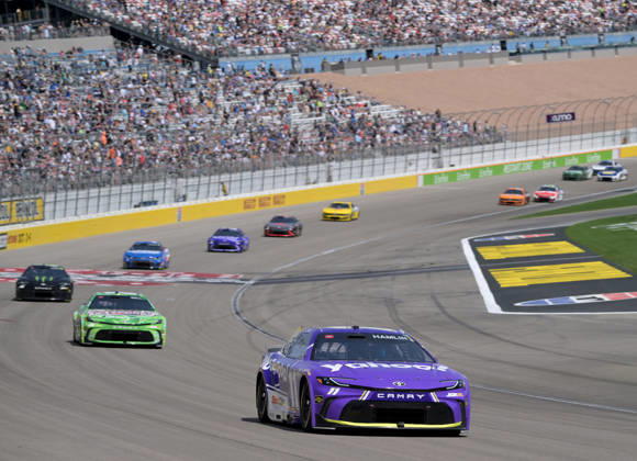 LAS VEGAS, NV - MARCH 15: Denny Hamlin ( 11 Joe Gibbs Racing Yahoo! Toyota) leads Christopher Bell ( 20 Joe Gibbs Racing Interstate Batteries Toyota) during the early laps of the NASCAR, Motorsport, USA Cup Series Pennzoil 400 on March 15, 2026, at Las Vegas Motor Speedway in Las Vegas, NV. (Photo by Will Lester Icon Sportswire) AUTO: MAR 15 NASCAR Cup Series Pennzoil 400 EDITORIAL USE ONLY Icon24031511413