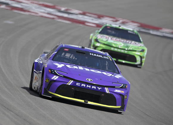 LAS VEGAS, NV - MARCH 15: Denny Hamlin ( 11 Joe Gibbs Racing Yahoo! Toyota) leads Christopher Bell ( 20 Joe Gibbs Racing Interstate Batteries Toyota) during the early laps of the NASCAR, Motorsport, USA Cup Series Pennzoil 400 on March 15, 2026, at Las Vegas Motor Speedway in Las Vegas, NV. (Photo by Will Lester Icon Sportswire) AUTO: MAR 15 NASCAR Cup Series Pennzoil 400 EDITORIAL USE ONLY Icon24031511709