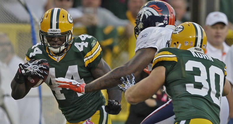 Oct. 2, 2011 - Green Bay, WI, USA - Green Bay Packers running back James Starks broke free for a 22-yard gain against the Denver Broncos in the fourth quarter at Lambeau Field in Green Bay, Wisconsin, Sunday, October 2, 2011. The Packers defeated the Broncos, 49-23. Copyright: xJohnxKleinx