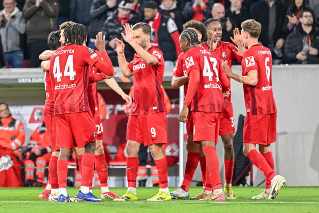 Celebration for the goal to 5 1 by Maximilian Eggestein SC Freiburg, 08 GER, SC Freiburg KRC Genk, Football, Europa League, Round of 16, Season 2025 2026, 19 03 2026 GER, SC Freiburg KRC Genk, Football, Europa League, Round of 16, Season 2025 2026, 19 03 2026 Freiburg Copyright: xEibner-Pressefoto ThomasxHessx EP_THS