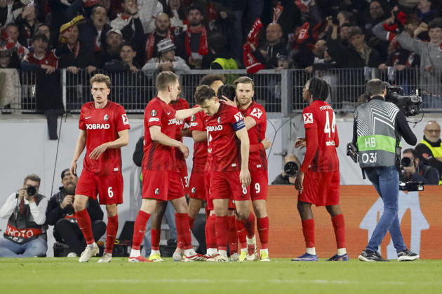 Goal celebration SC Freiburg at 5 1 by Maximilian Eggestein SC Freiburg, 08 , Germany, Football, UEFA Europa League, Round of 16, 2025 2026, SC Freiburg vs KRC Genk, 19 03 2026, Freiburg im Breisgau Europa Park Stadion Germany Copyright: xGrantxHubbsx