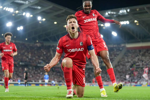 Maximilian Eggestein SC Freiburg, 08 goal celebration, emotions, goal shot, finish, goal success, goal, goal , Germany, football, UEFA Europa League, round of 16, second leg, 2025 2026, SC Freiburg vs KRC Genk, 19 03 2026, Europa Park Stadion, Freiburg, Germany Freiburg Europa Park Stadion Baden Württemberg Germany Copyright: xArnexAmbergx