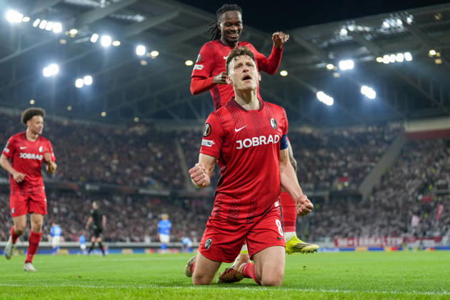 Maximilian Eggestein SC Freiburg, 08 goal celebration, emotions, goal shot, finish, goal success, goal, goal , Germany, football, UEFA Europa League, round of 16, second leg, 2025 2026, SC Freiburg vs KRC Genk, 19 03 2026, Europa Park Stadion, Freiburg, Germany Freiburg Europa Park Stadion Baden Württemberg Germany Copyright: xArnexAmbergx