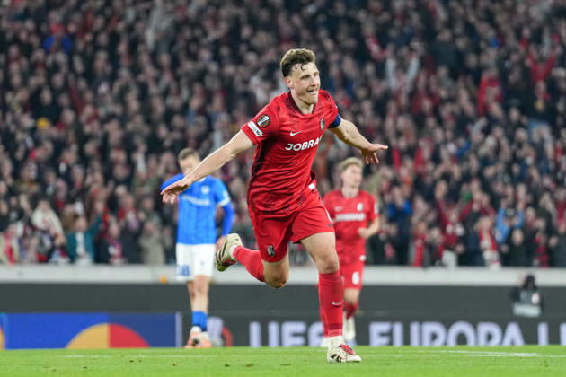 Maximilian Eggestein SC Freiburg, 08 goal celebration, emotions, goal shot, finish, goal success, goal, goal , Germany, football, UEFA Europa League, round of 16, second leg, 2025 2026, SC Freiburg vs KRC Genk, 19 03 2026, Europa Park Stadion, Freiburg, Germany Freiburg Europa Park Stadion Baden Württemberg Germany Copyright: xArnexAmbergx