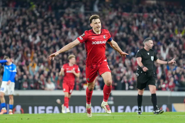 Maximilian Eggestein SC Freiburg, 08 goal celebration, emotions, goal shot, finish, goal success, goal, goal , Germany, football, UEFA Europa League, round of 16, second leg, 2025 2026, SC Freiburg vs KRC Genk, 19 03 2026, Europa Park Stadion, Freiburg, Germany Freiburg Europa Park Stadion Baden Württemberg Germany Copyright: xArnexAmbergx