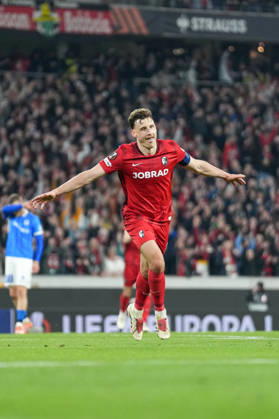 Maximilian Eggestein SC Freiburg, 08 goal celebration, emotions, goal shot, finish, goal success, goal, goal , Germany, football, UEFA Europa League, round of 16, second leg, 2025 2026, SC Freiburg vs KRC Genk, 19 03 2026, Europa Park Stadion, Freiburg, Germany Freiburg Europa Park Stadion Baden Württemberg Germany Copyright: xArnexAmbergx