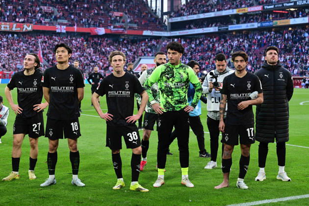 21 03 2026 Koeln Fußball, Herren, Saison 2025 2026, 1 FC Koeln vs Borussia Moenchengladbach The Gladbachers are disappointed after the game that they did not bring home the derby victory DFL regulations prohibit any use of photographs as image sequences and or quasi video Rhein Energie Stadion NRW Germany