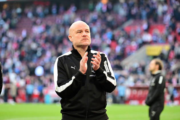 21 03 2026 Cologne Football, Men, Season 2025 2026, 1 FC Koeln vs Borussia Moenchengladbach Rouven Schroeder Head of Sports, Gladbach after the end of the match in the fan curve DFL regulations prohibit any use of photographs as image sequences and or quasi video Rhein Energie Stadion NRW Germany