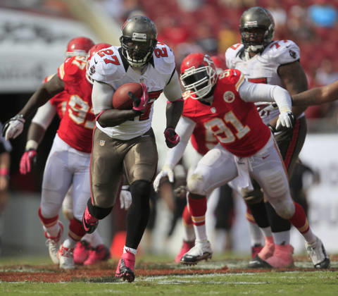 Oct. 14, 2012 - Tampa, FL, USA - Tampa Bay Buccaneers running back LeGarrette Blount (27) picks up big yardage during a run in the fourth quarter against the Kansas City Chiefs at Raymond James Stadium in Tampa, Florida, Sunday, October 14, 2012. The Buccaneers defeated the Chiefs, 38-10. Copyright: xChrisxZuppax