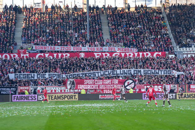 Banner of the fans and Ultras in the stands, Banner, Against the DFL, Kick-off times , Germany, Football, 1 Bundesliga, 27 Matchday, 2025 2026, FC St Pauli vs SC Freiburg, 22 03 2026, Millerntor Stadion, Hamburg, Germany DFL REGULATIONS PROHIBIT ANY USE OF PHOTOGRAPHS AS IMAGE SEQUENCES AND OR QUASI VIDEO Hamburg Millerntor Stadion Hamburg Germany Copyright: xArnexAmbergx