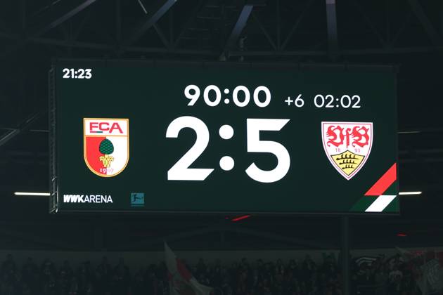Final score on the scoreboard, 2 5, FC Augsburg vs VfB Stuttgart, Football, 1 Bundesliga, 27 Matchday, 22 03 2026 DFB regulations prohibit any use of photographs as image sequences and or quasi video Augsburg Bayern Germany Copyright: xkolbert-press ChristianxKolbertx